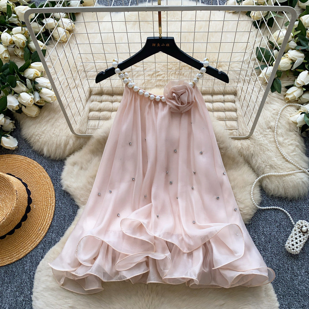 French chic pearl-embellished camisole - women's summer design with ruffle trim, pink, commute-friendly, and elegant top