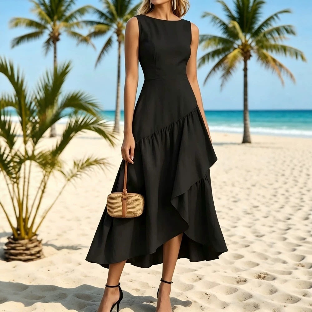 fashion summer vacation style women's new silk mesh patchwork sleeveless straight neck waist longdress