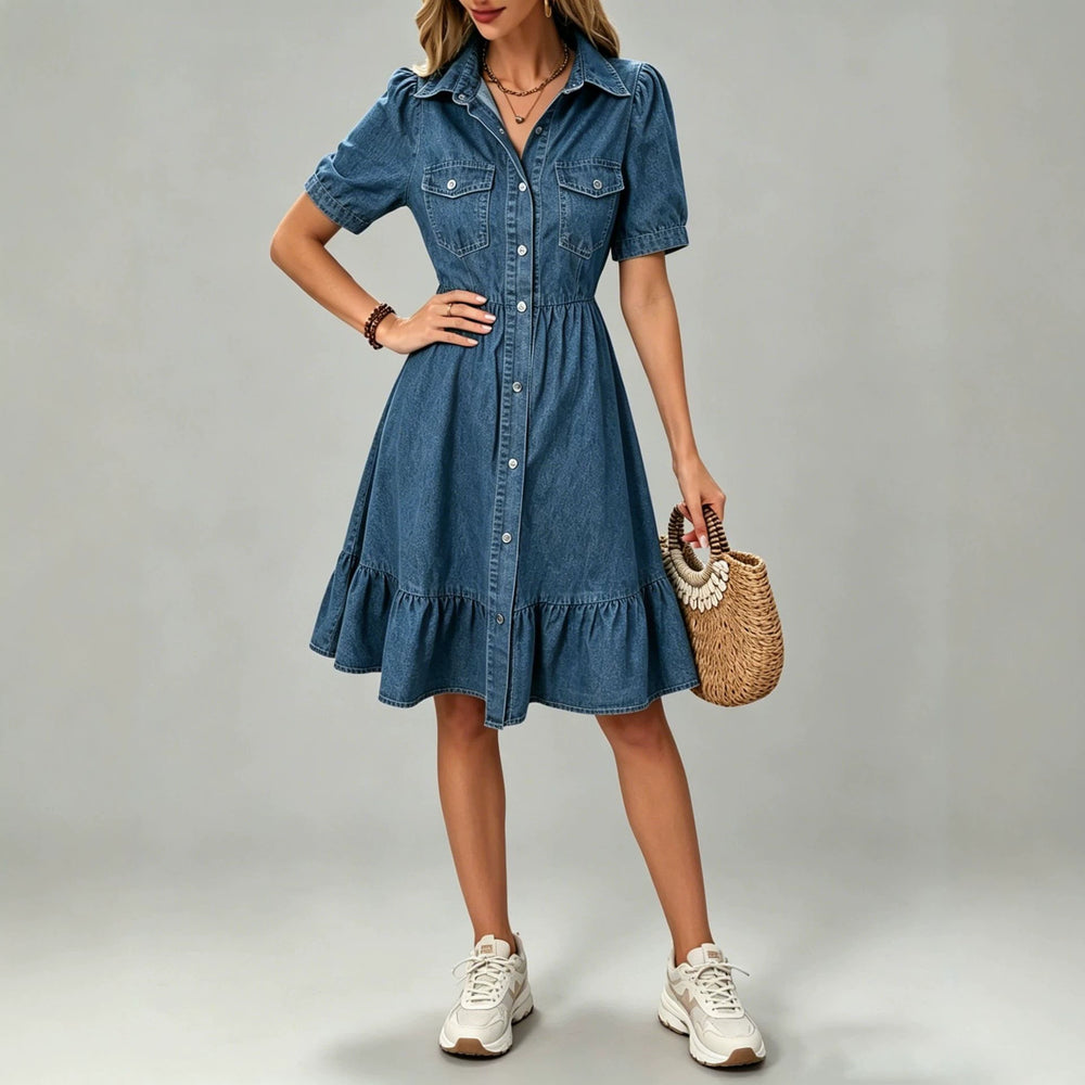 fashion lapel long sleevespatchworkcasual denim dress women's classy single-row multi-button waist long skirt