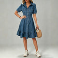 fashion lapel long sleevespatchworkcasual denim dress women's classy single-row multi-button waist long skirt