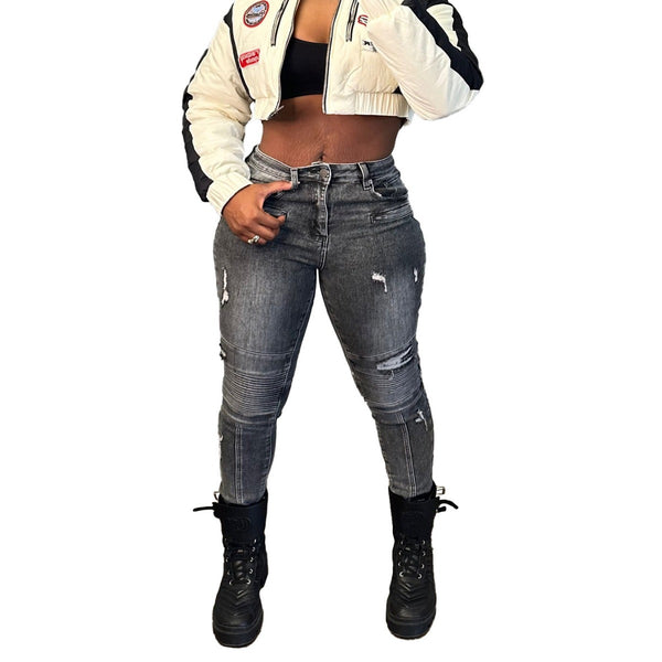 HR88002 European and American fashion women's clothing, elastic denim fabric, ripped locomotive wind, tight small-footed jeans