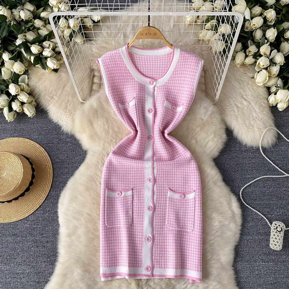 Accessible luxury thousand gold wind sleeveless grids knittingdress women's waist slimming design classy unique chic skirt
