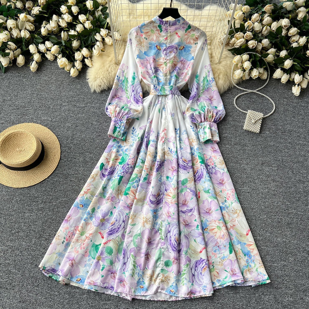 Palace retrofrenchclassydress women's long waist strap stand collar lantern long sleeves printingdress