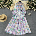 Palace retrofrenchclassydress women's long waist strap stand collar lantern long sleeves printingdress