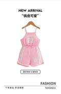 Girls' summer cami set: pink shorts romper with letter print and bow detail - sporty style for kids