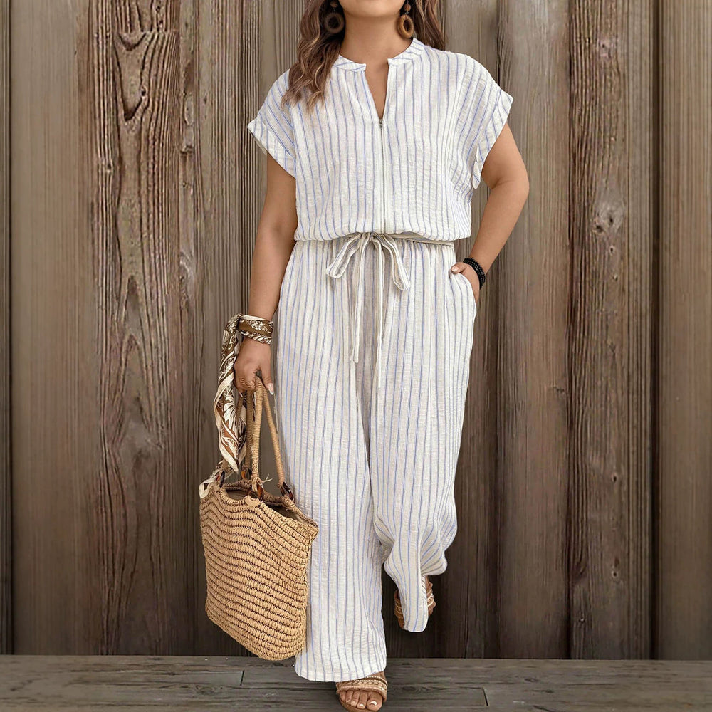 vacation striped plus size jumpsuit - front zipper, stand collar, drawstring waist, side pockets, loose wide leg