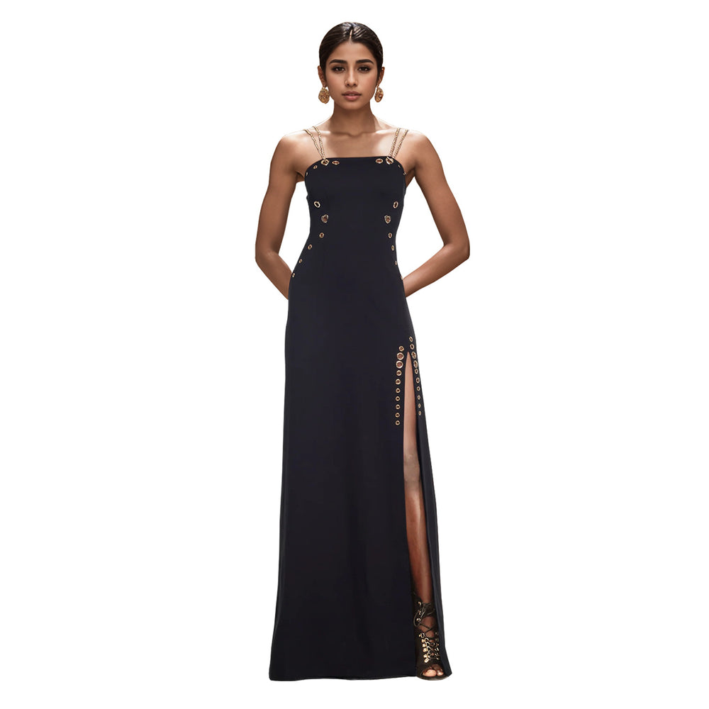 C7522 cross-border   fashion women's elegant gold chain sexy spaghetti strap slit dress
