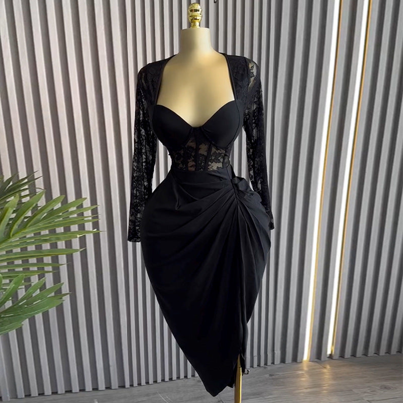 European and american women's clothing  summer new arrival: elegant square neck lace long sleeve high waist slimming midi dress