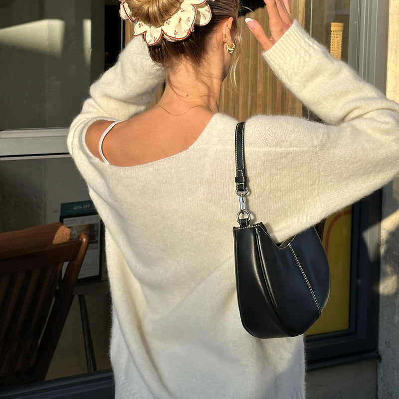 Cross-border street casual sweater lazy autumn and winter pullover loose v-neck knitted sweater solid color warm long-sleeved top women