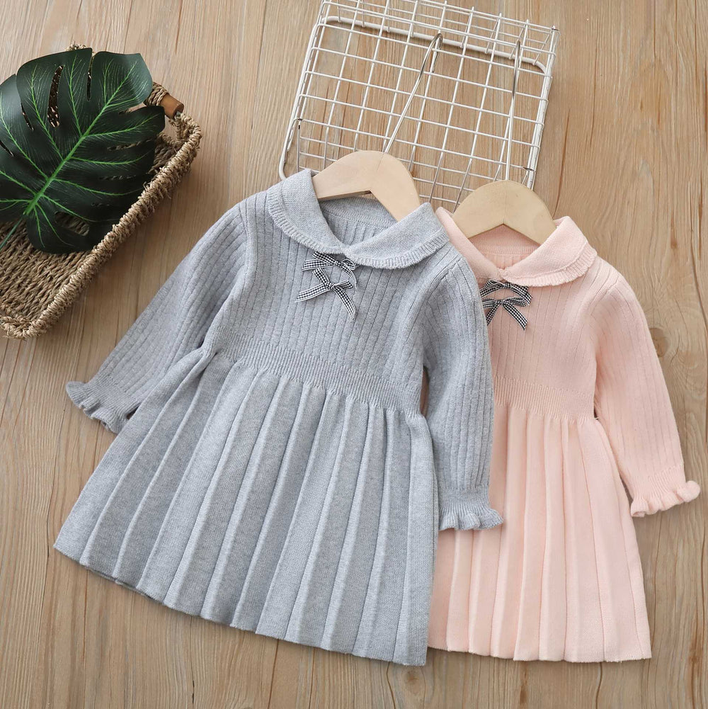 Girls' spring dresses  new spring collection - stylish and popular bowknot pleated skirt sweater dress for kids