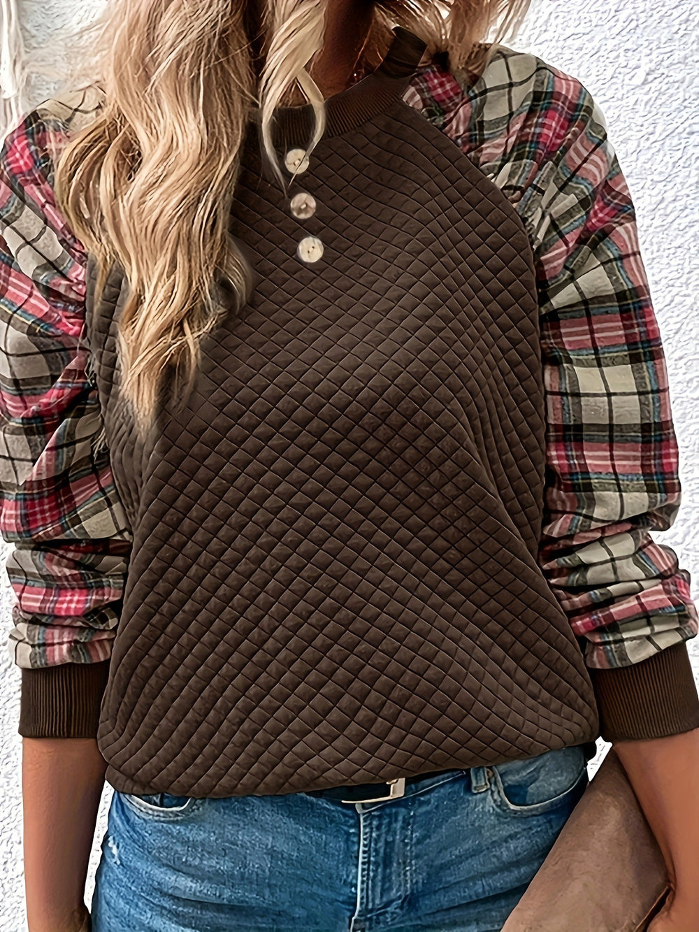2025 amazon fashion diamond quilted patchwork long sleeve crewneck casual sweatshirt for women (us & europe)