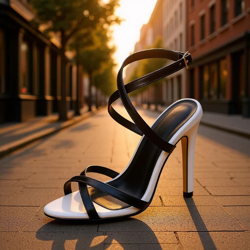2026 european and american summer new arrival: stiletto heel, black and white color block, criss-cross strap, sexy and elegant open-toe high heel sandals for women