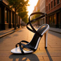 2026 european and american summer new arrival: stiletto heel, black and white color block, criss-cross strap, sexy and elegant open-toe high heel sandals for women
