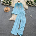 European and american style casual suit for women - autumn collection: heavily embroidered beaded mesh panel long sleeve loose-fit shirt with high-waisted wide-leg pants