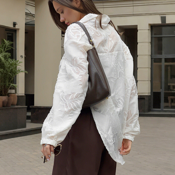 European and American design sense light luxury jacquard long-sleeved white shirt 2025 autumn  women's clothing new niche perspective cardigan