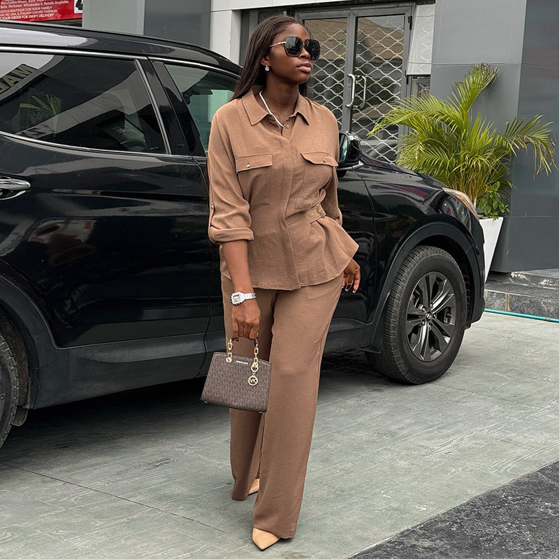 European and american women's clothing  autumn new collection: sweet and fresh turn-down collar patch pocket long sleeve shirt & high-waisted straight-leg pants two-piece set