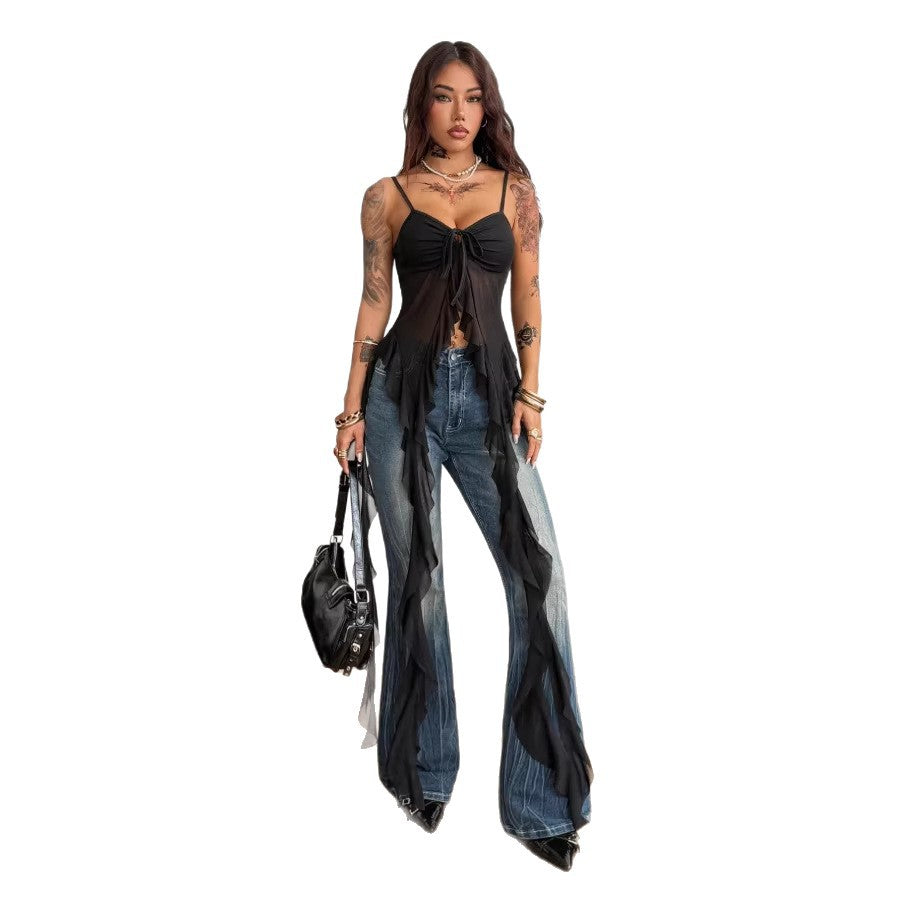 fashion  summer new women's fashion trendy sexy backless adjustable strap chiffon blouse solid color