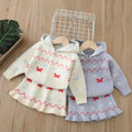 Girls' knitted outfit set -  christmas style hooded knit long sleeve zip-up cardigan jacket and skirt two-piece set