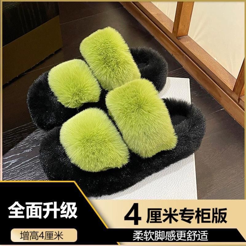 2025 autumn/winter trendy fuzzy slippers - instagrammable, versatile, women's outdoor wear, one-strap mules, chunky platform, criss-cross design