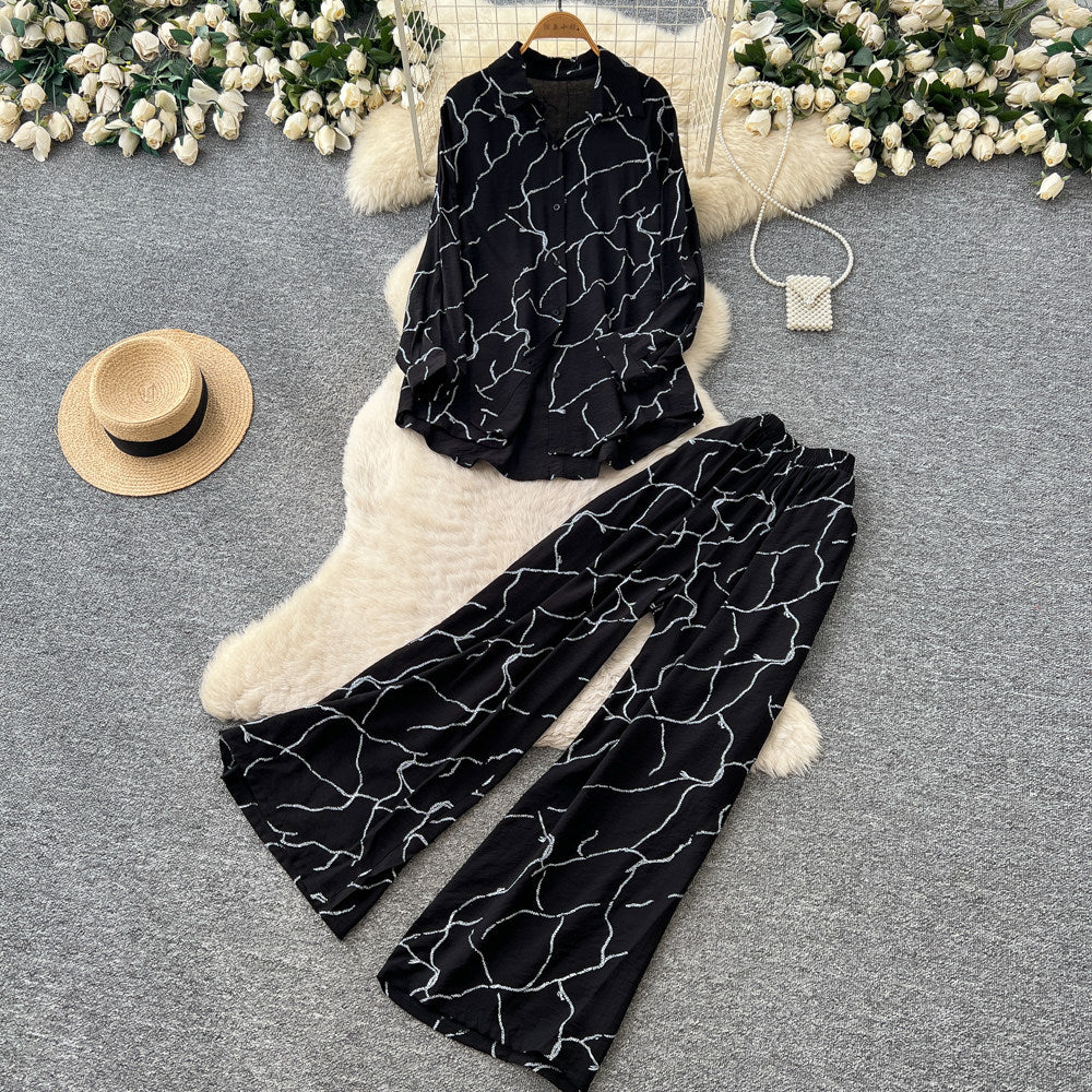 Lazy style pink printingshirtloose pantstwo-piece set female autum light mature style easiest for matchwork clothingelegantsuit