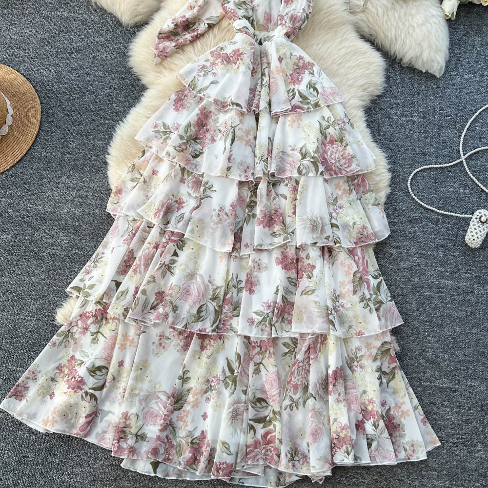 Romantic holiday floral halter dress - women's summer sleeveless tie-waist, figure-flattering, ruffle hem maxi dress
