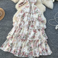 Romantic holiday floral halter dress - women's summer sleeveless tie-waist, figure-flattering, ruffle hem maxi dress