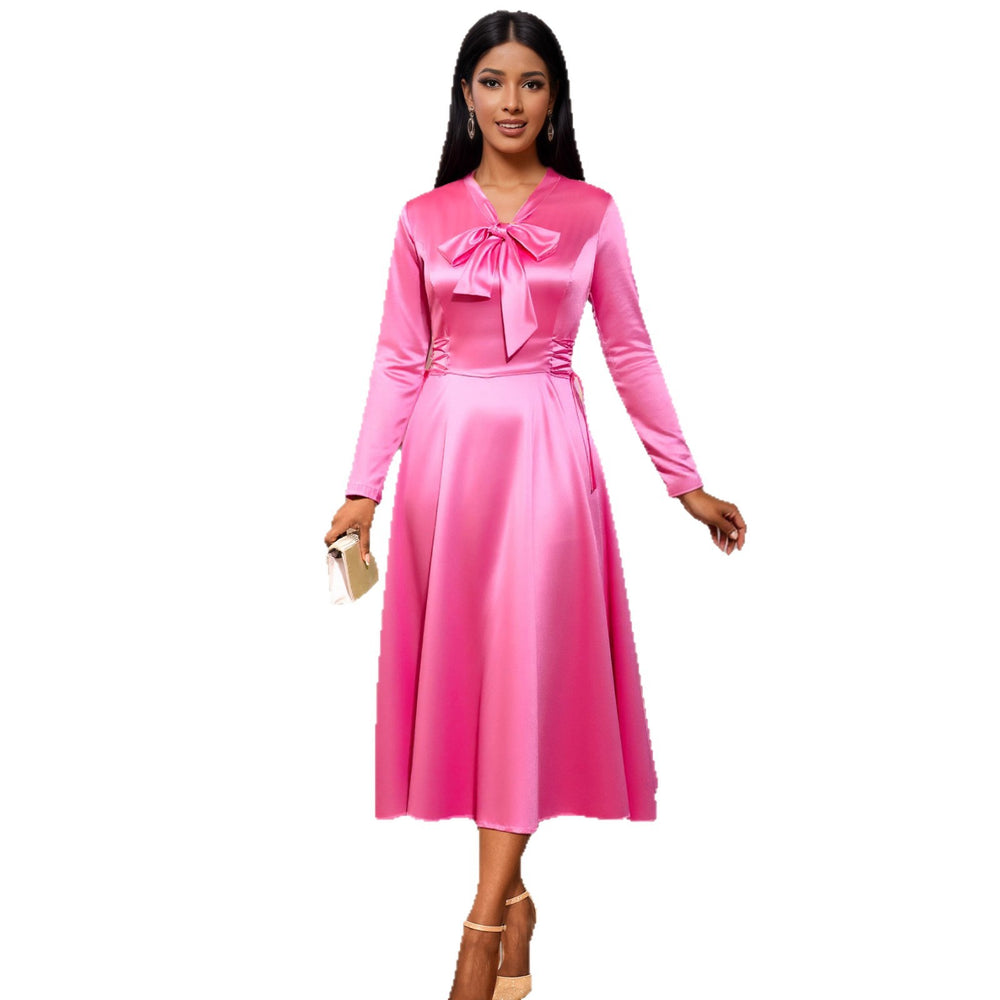 autumn satin stand collar long sleeve dress - elegant bow tie waist evening gown