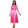 autumn satin stand collar long sleeve dress - elegant bow tie waist evening gown