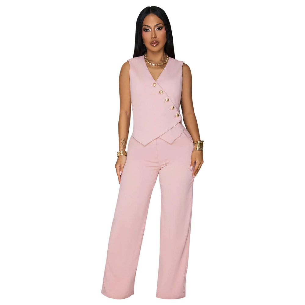 C7496 cross-border   fashion women's casual sleeveless v-neck top and pants two-piece set - new
