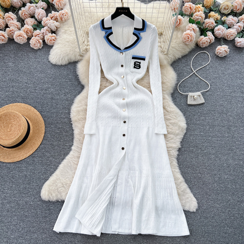 Fall and winter tweed style socialite short-sleeved contrast colorembroider suit collar waist slimming look single-breasted a-line knittingdress