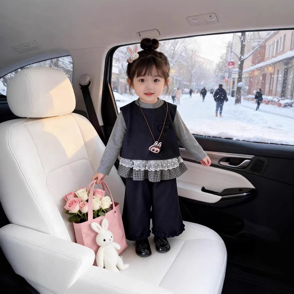 【dropshipping】spring  new girls' outfit set: baby lace-trimmed skirt, tank top, and long pants three-piece set