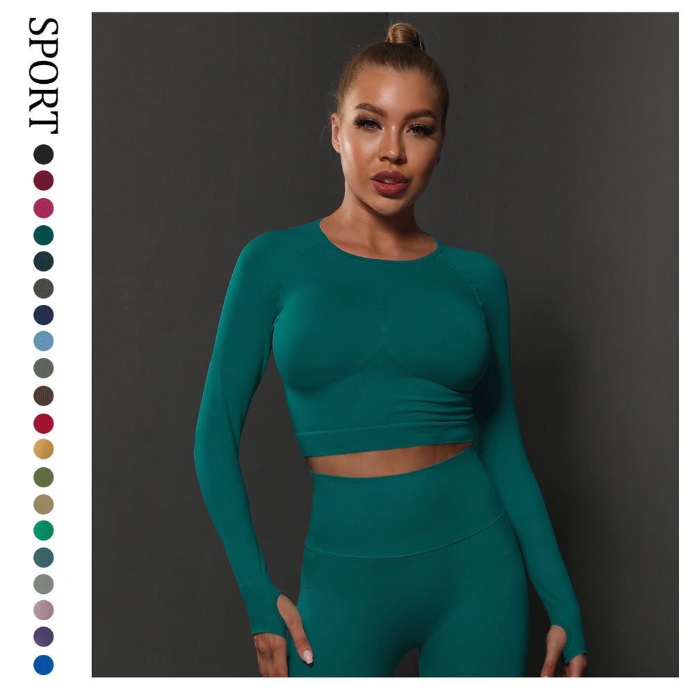 Summer solid color knit seamless fitness top - sweat-wicking, shaping, compression long sleeve running, training, and yoga apparel for women