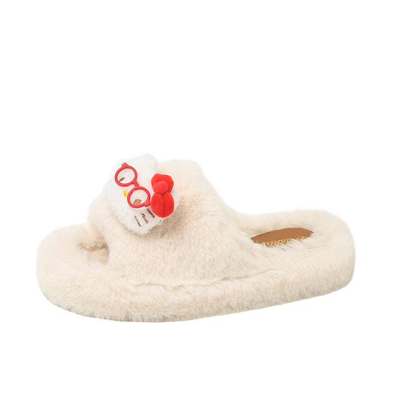 Women's fuzzy slippers - new autumn/winter collection: thick-soled, cute cartoon eyeglass kt cotton slippers, women's flip-flops