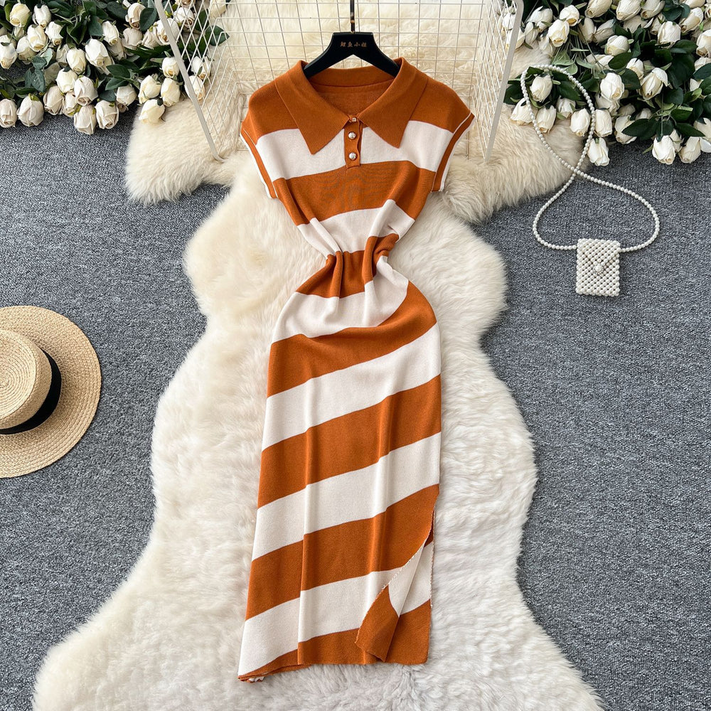 Niche styleretrofashionpolo collar short sleevecontrast colorstripesknittingdress women's waist slit sweater skirt