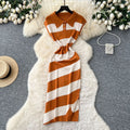 Niche styleretrofashionpolo collar short sleevecontrast colorstripesknittingdress women's waist slit sweater skirt