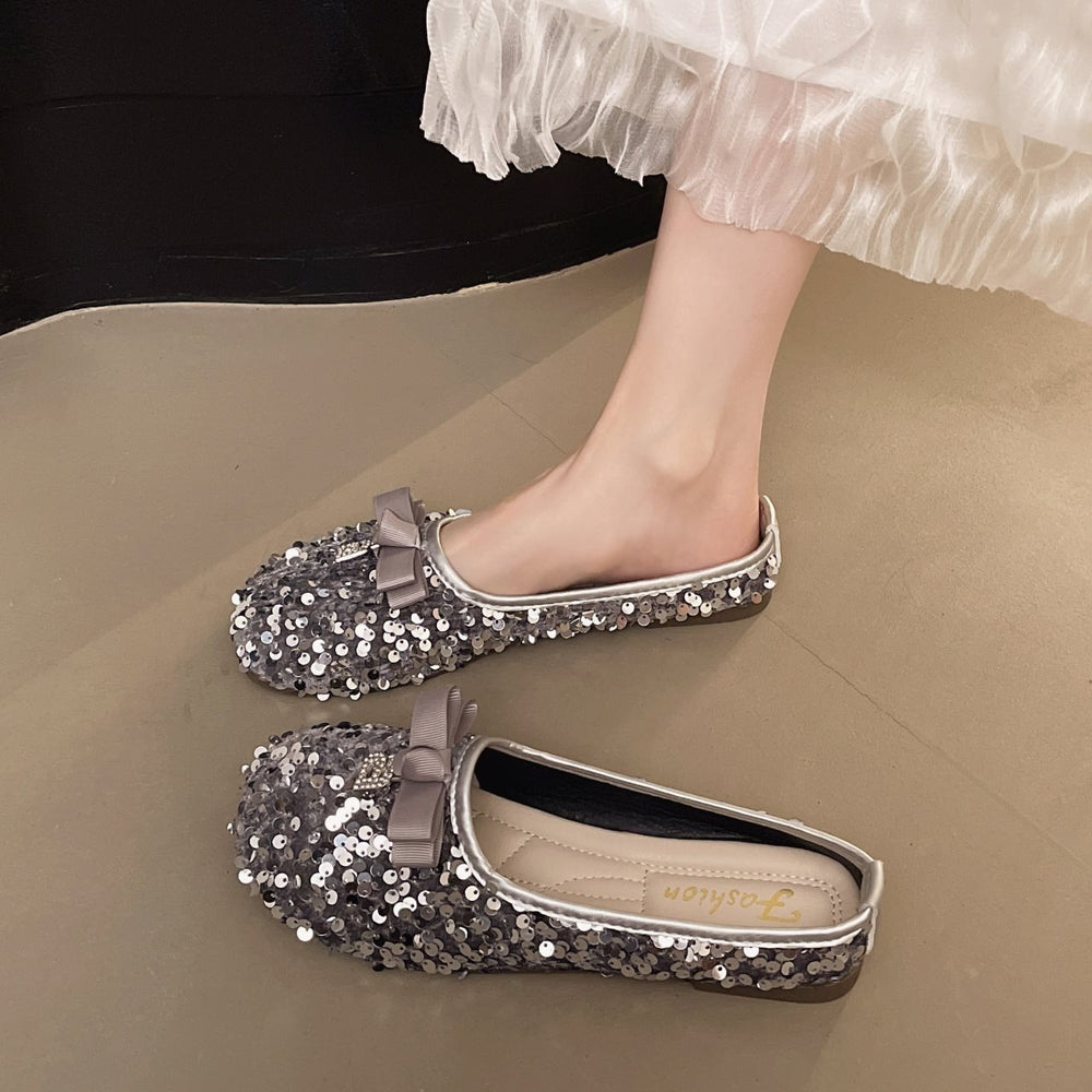 fashionable casual evening french bowknot new spring sequin flat loafers women's single shoes