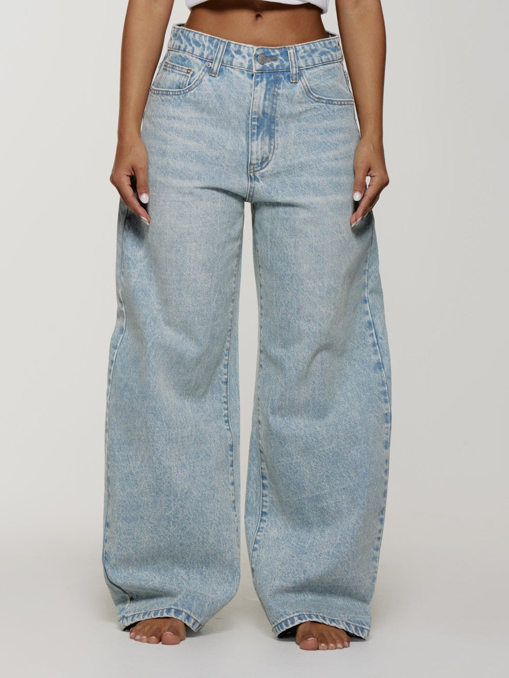 European and american style women's snow wash high-waisted wide leg jeans - relaxed fit straight leg denim pants