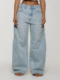 European and american style women's snow wash high-waisted wide leg jeans - relaxed fit straight leg denim pants
