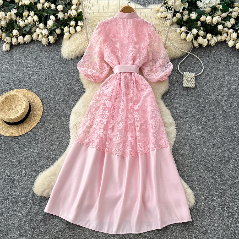 Korean style lace a-line embroidered hollow-out dress - women's spring/summer long sleeve slimming waist-defining commute maxi dress - pink
