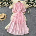 Korean style lace a-line embroidered hollow-out dress - women's spring/summer long sleeve slimming waist-defining commute maxi dress - pink