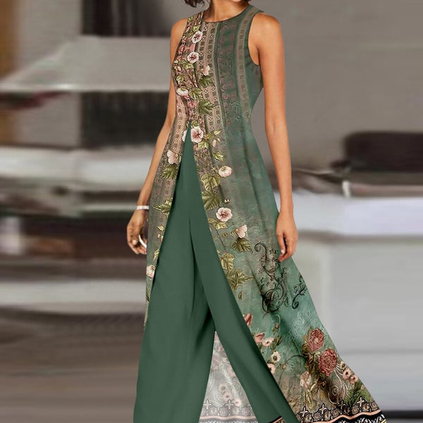 's new European and American new contrasting color black round neck sleeveless jumpsuit ODS3997A1
