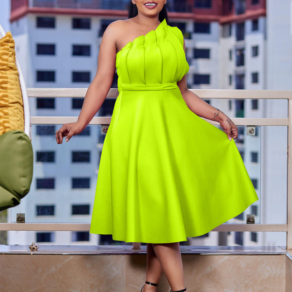 European and american plus size women's fashionable and elegant solid color sexy high waist ruched off-the-shoulder evening gown cross-border dress