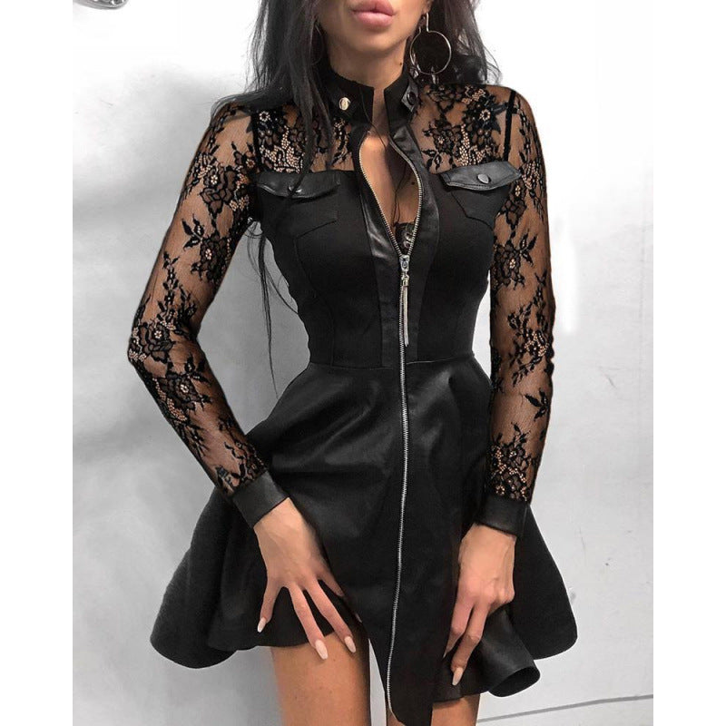 fall/winter new arrival: cross-border women's fashion dress - bestselling european & american style leather patchwork bodycon dress