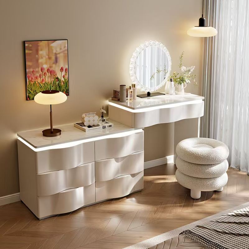 2025 new luxury solid wood vanity table - minimalist bedroom makeup desk with integrated chest of drawers, small storage cabinet, and makeup mirror