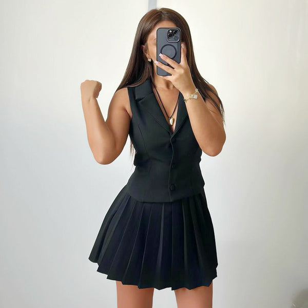 Spot European and American suit women's 2024 summer suit flip top pleated skirt short skirt fashion casual two-piece set