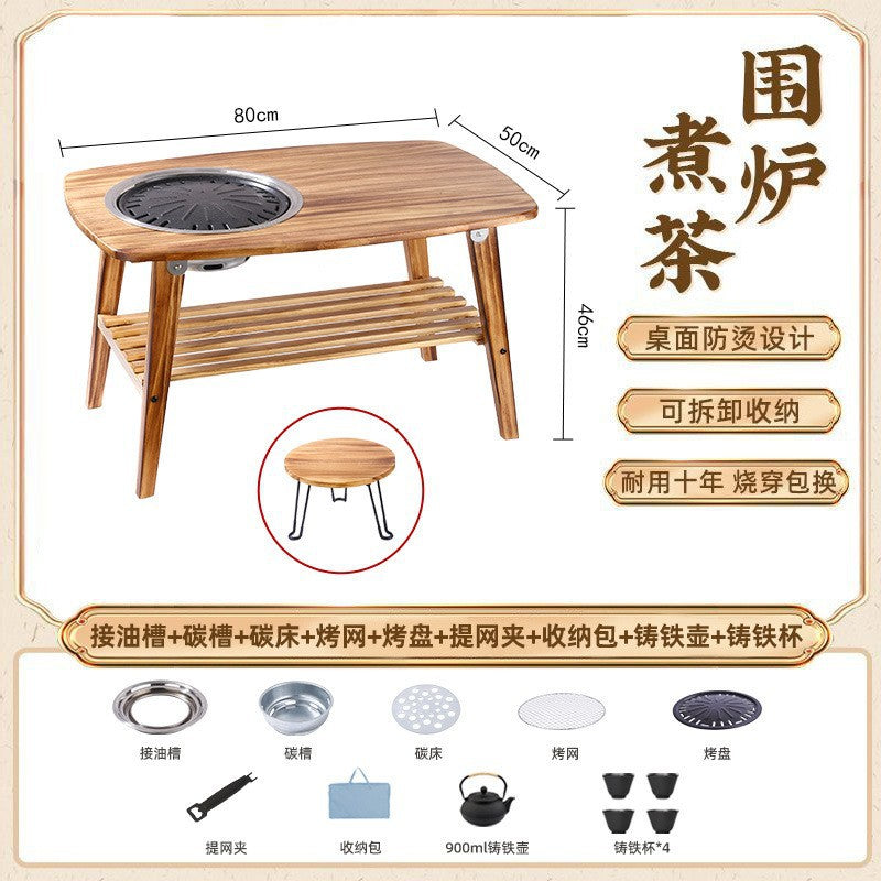 Household outdoor multifunctional solid wood desktop stove foldable storage barbecue grill barbecue stove camping style stove tea table