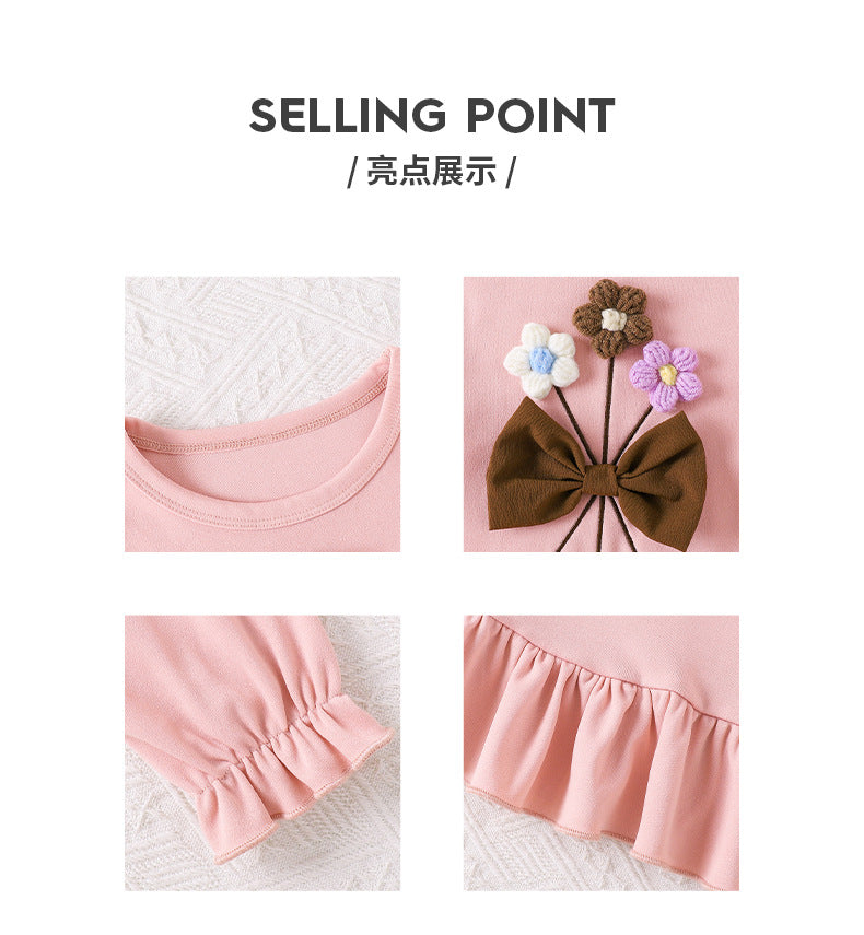 girls' skirt set: pink lace long-sleeve top with brown pleated skirt and floral appliqué - two-piece outfit for kids