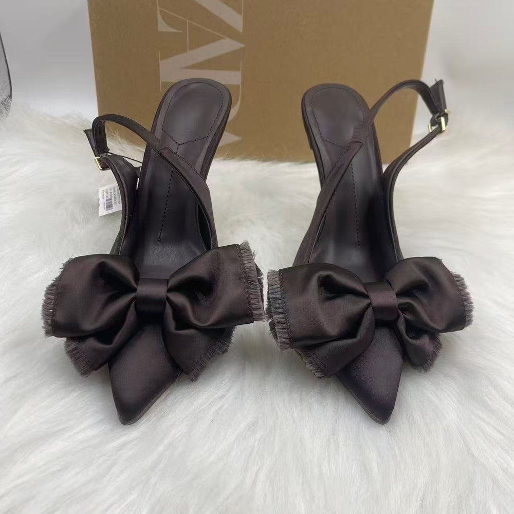 Za2025winternew arrival women's shoes bowselegant socialite high-heeled mules shoes flatsflats back strap sandals
