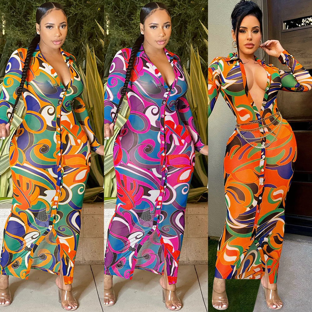 C5838 special offer: no returns or exchanges. please purchase with care. cross-border fashionable european and american women's sexy mesh printed v-neck dress