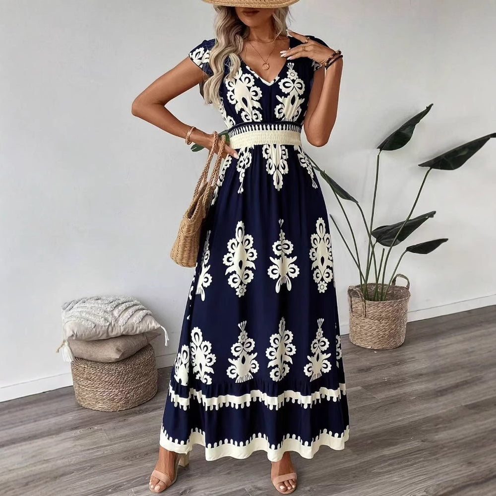 2025 new european and american amazon aliexpress summer fashion printed v-neck waist-defining long dress for women